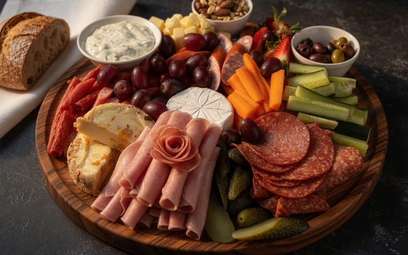 Grazing board of cheeses, charcuterie, dips and fresh produce